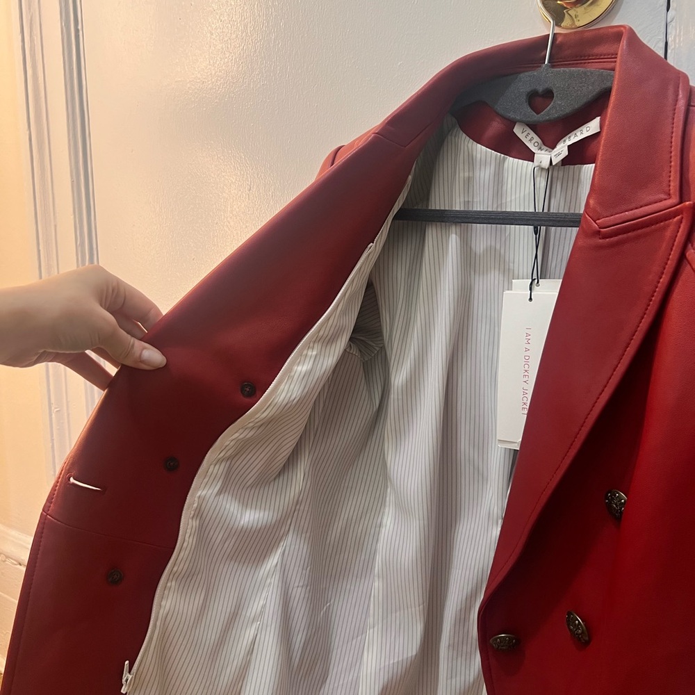 NWT Veronica Beard Red Double-Breasted Leather Blazer - Picture 9 of 11